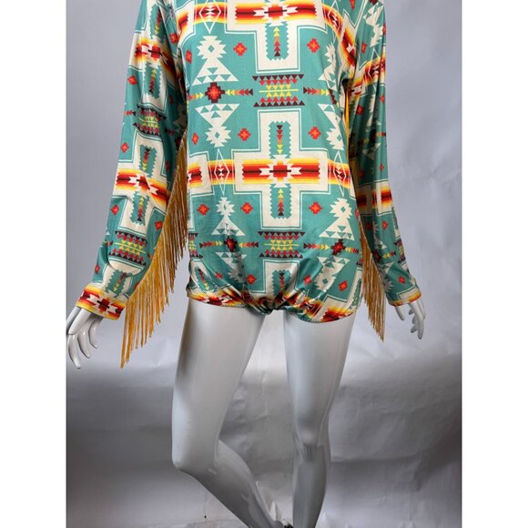 GG Western Wear Aztec Print Long Sleeve Fringe Body Suit - Picture 14 of 16